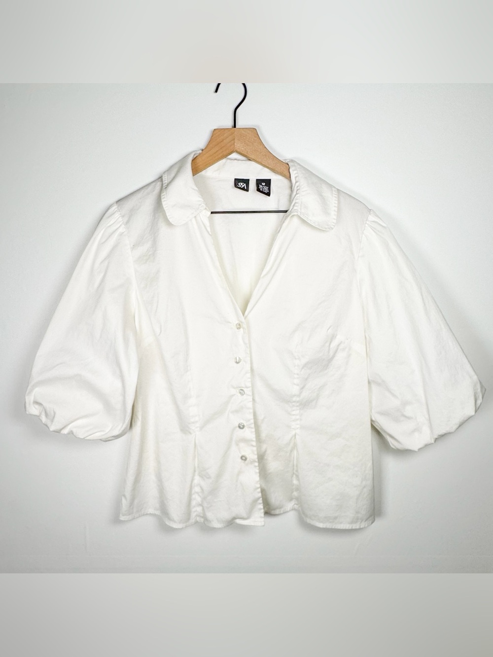 SAKS FIFTH AVENUE Crisp White Puff Sleeve Fitted Cotton Blouse Sz 12